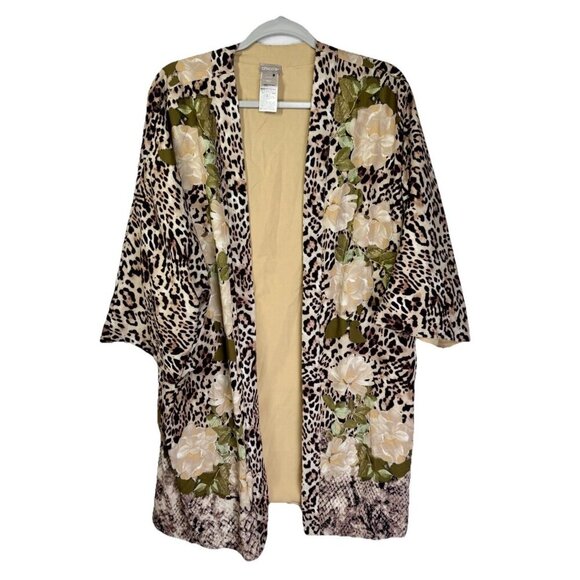 Chicos Ruana Wrap Kimono Size L/XL Brown Tan Floral Animal Print Poncho Silky - Picture 2 of 12